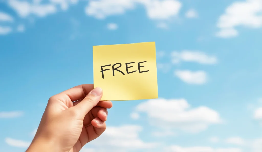 How to Run a “Free” Promotion Without the Risk: A hand holding up a post-it note with the word free on.