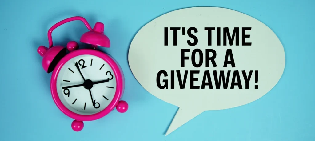 Types of Promotions: pink alarm clock with a speech bubble saying 'it's time for a giveaway!'
