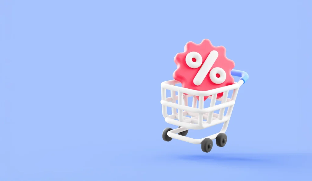 Types of Promotions: illustration of a shopping trolley with a big discount icon inside