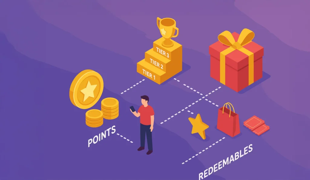 Advantages of a Customer Loyalty Programme: Purple background image with infographics showing the different types of loyalty mechanics