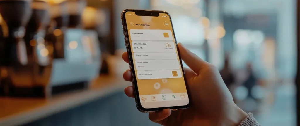 Advantages of a Customer Loyalty Programme: a hand holding a phone showing a loyalty platform in a coffee shop
