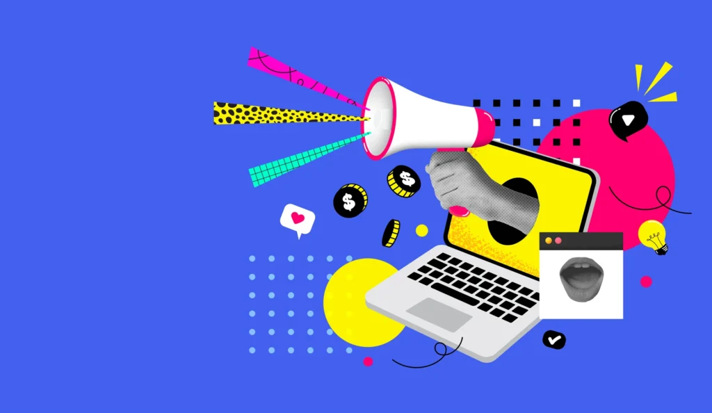 Partnership Marketing: colourful collage of laptop and mega phone