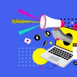 Partnership Marketing: colourful collage of laptop and mega phone