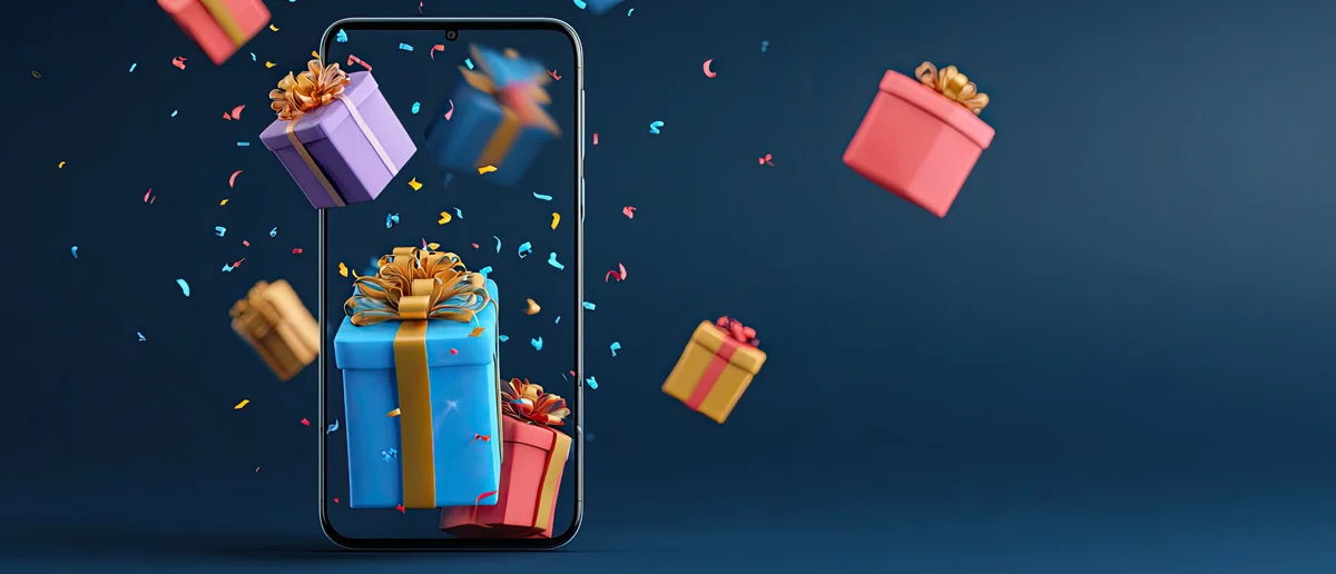 Digital Rewards for Consumer Promotions: Phone with gifts coming out of the screen