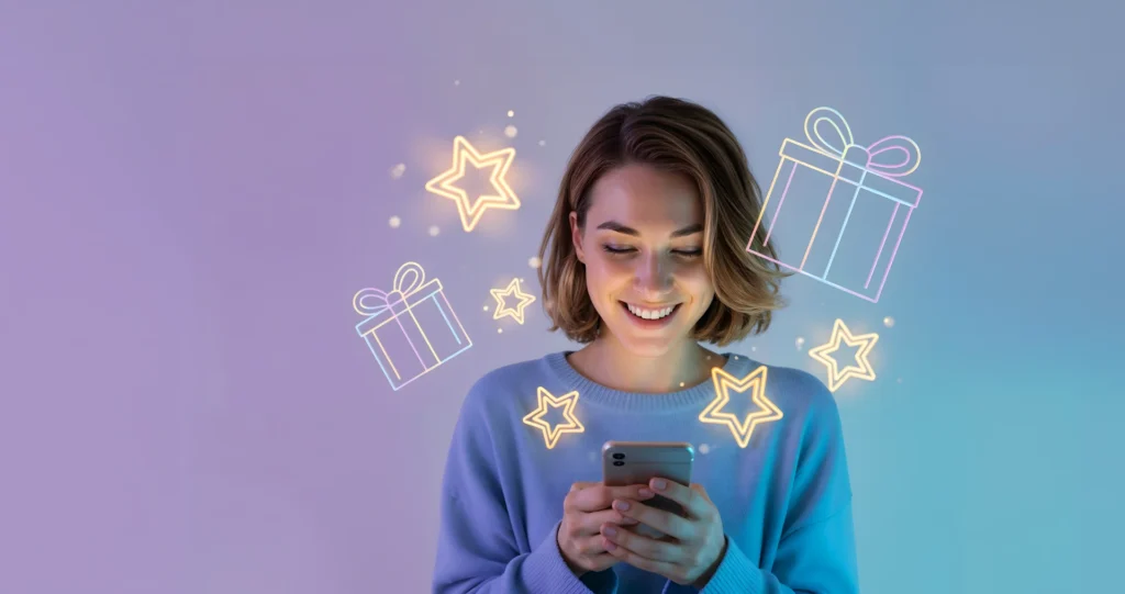 Rewards fulfilment platform: lady holding phone smiling at her digital rewards