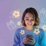 Rewards fulfilment platform: lady holding phone smiling at her digital rewards