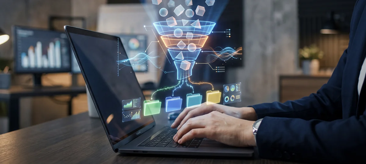 Digital Reward Delivery: someone on laptop with 3D data and folders coming out of the screen