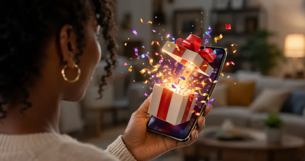 Digital Reward Delivery: Lady holding phone with gift popping out so show her prize