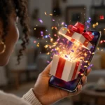 Digital Reward Delivery: Lady holding phone with gift popping out so show her prize