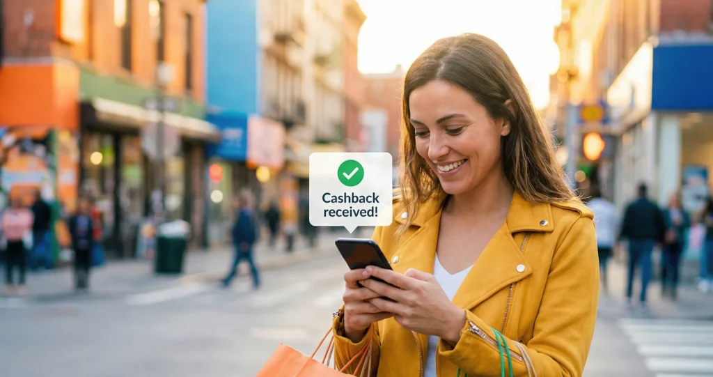 Instant Digital Rewards: A lady in the street receiving her cashback reward