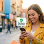 Instant Digital Rewards: A lady in the street receiving her cashback reward