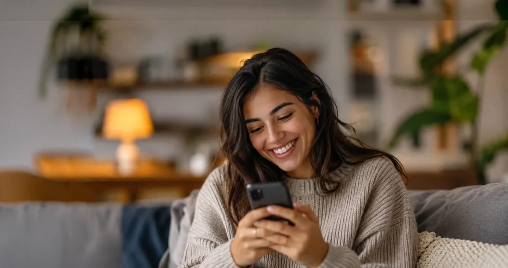 Rewards Improve Consumer Engagement: lady on her phone looking very engaged and happy