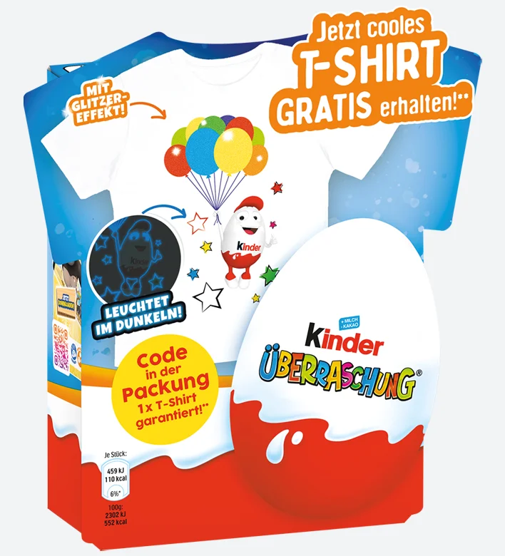 What makes a successful on-pack promotion: Kinder Glow In The Dark T-Shirt gift with purchase campaign packaging