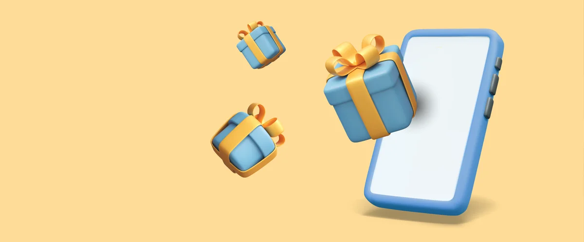 Run a Promotion Online: vector of a mobile phone on a yellow background with 3 presents coming out of the screen