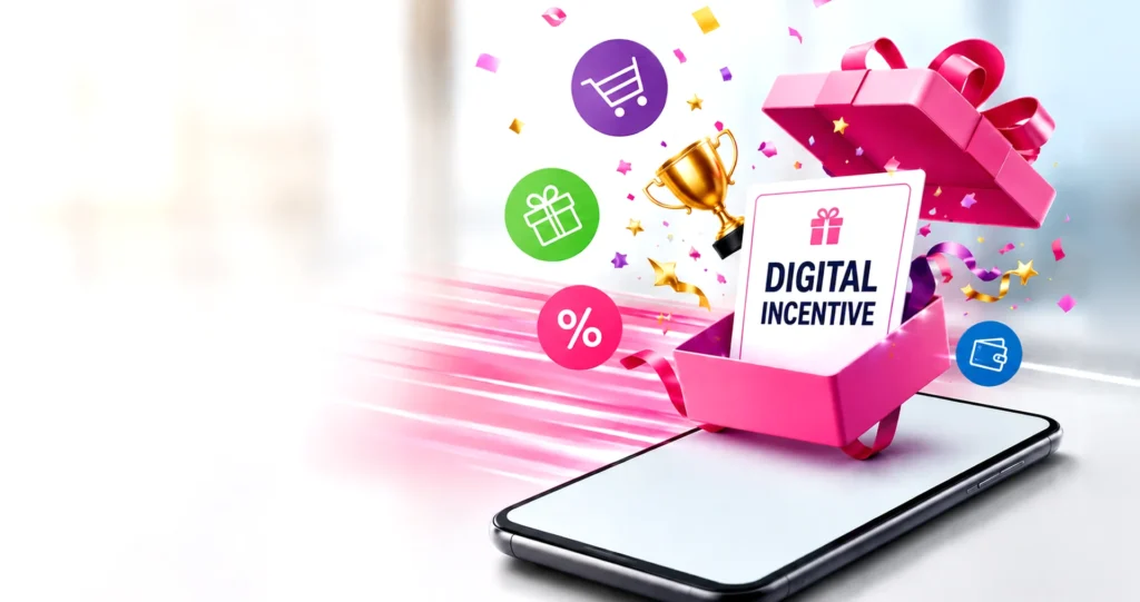 Run a Promotion Online: A present with a 'digital incentive' sign popping out of it from a mobile device