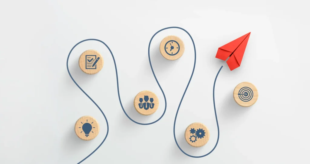 loyalty programme strategy: red paper plane going through strategy icons showing the strategy journey