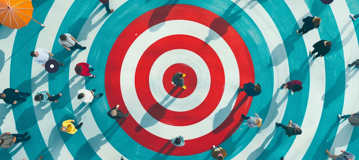 loyalty programme strategy: birds eye view illustration of people around a target with one person in the middle indicating target audience