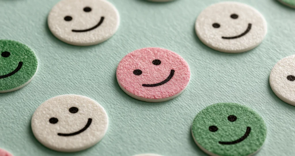 loyalty programmes that increase spend: happy faces made of felt so show repeating, happy customers