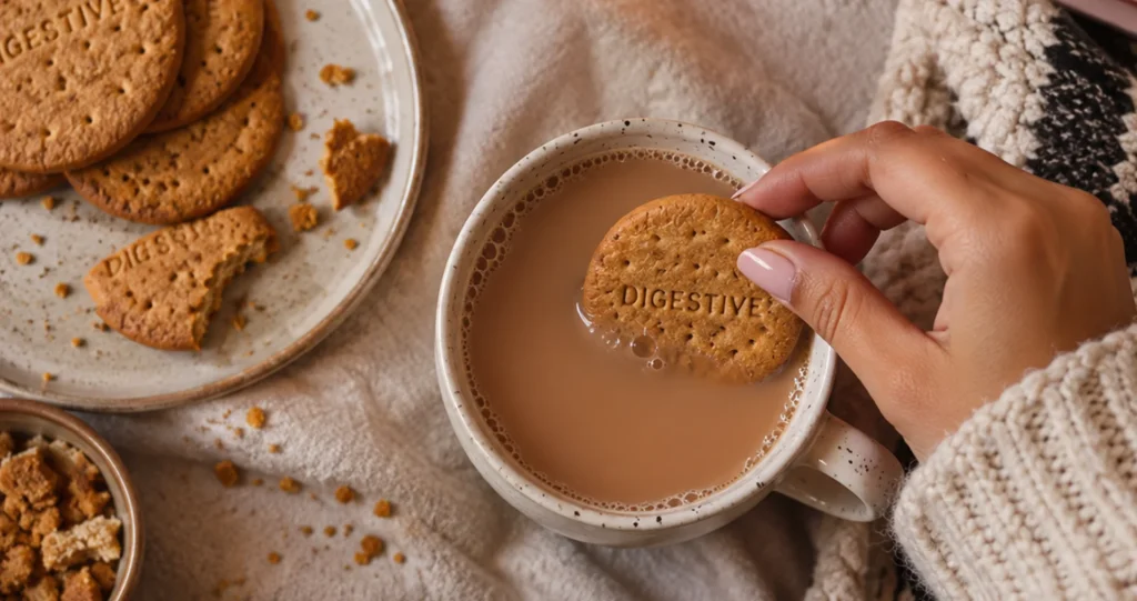 Favourite Brand Partnerships of 2026: A lady dipping a biscuit into her tea. An iconic partnership
