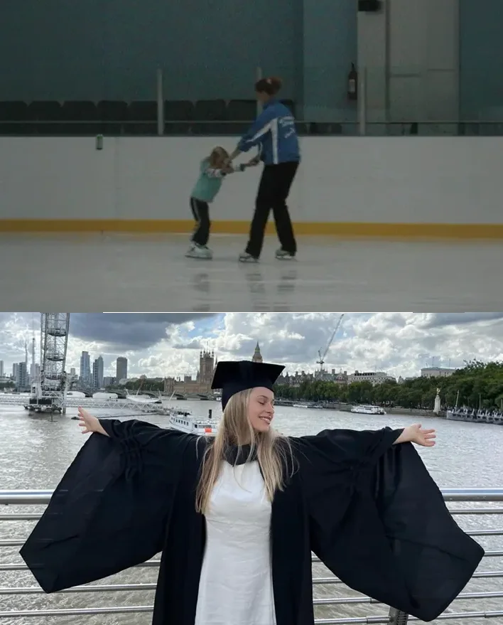Yelena - image of Yelena ice skating at a young age and her graduating from University underneath