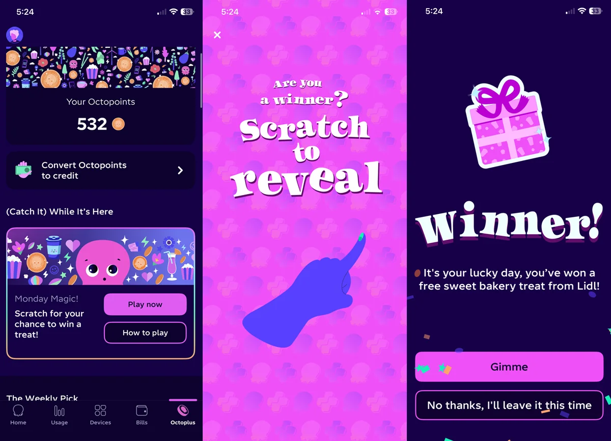 Gamification and Partnerships in Loyalty: Screenshots of James' Octoplus account playing Scratch to Win