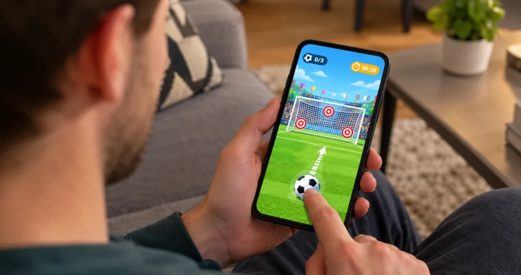 Gamification in Promotions: man playing a score a target practice gamified promotion on his phone at home
