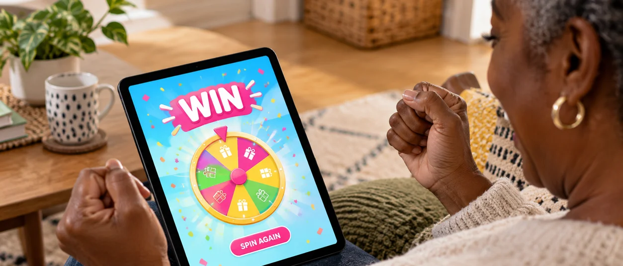 Gamification in Promotions: lady playing a spin to win gamified promotion on her tablet in her home and showing a win screen
